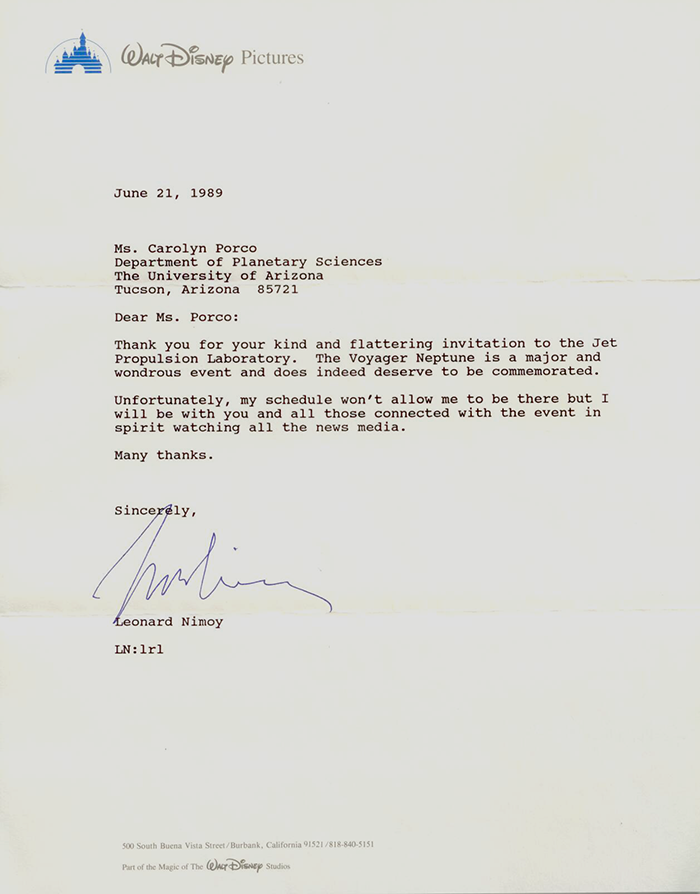 Letter to Caroyn Porco from Leonard Nimoy, 1989