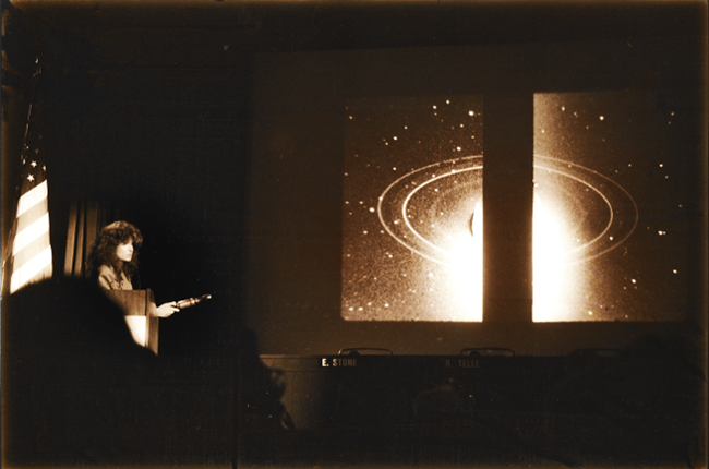 Carolyn Porco presenting at the Voyager-Neptune encounter meetings, 1989