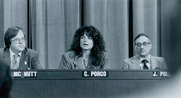 Carolyn Porco speaking at the final Voyager-Neptune encounter press conference, 1989