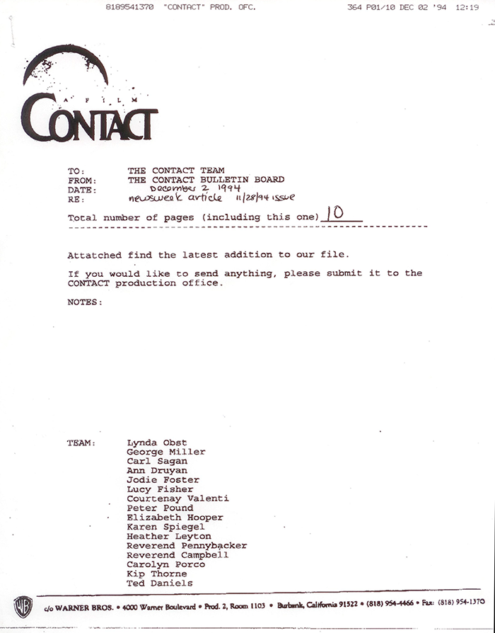 Bulletin from Carl Sagan's office to the team of consultants, director, producers, and actors for the movie Contact.