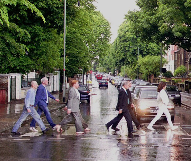 Cassini Imaging Team members cross Abbey Road in Beatles formation, 2001