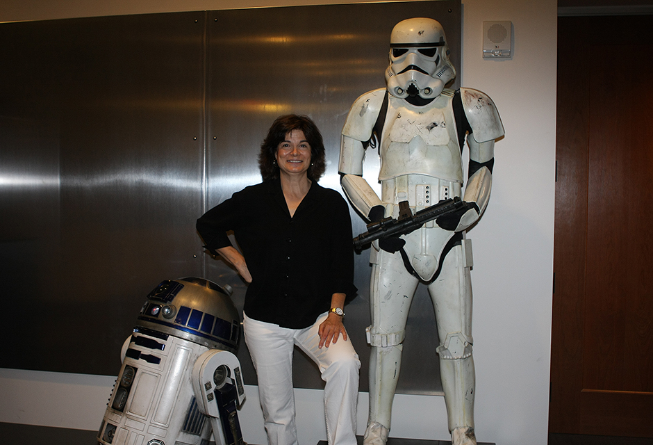 Carolyn Porco with R2-D2 and an Imperial Stormtrooper at Industrial Light & Magic, 2008