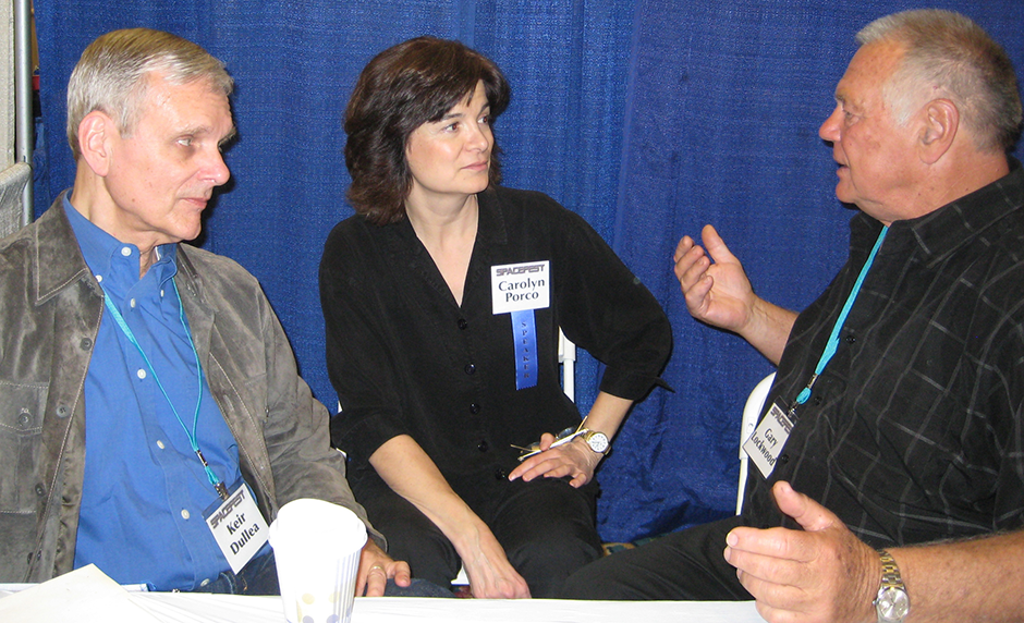 Carolyn Porco with actors Kier Duella and Gary Lockwood, stars of 2001: A Space Odyssey, Spacefest, 2009