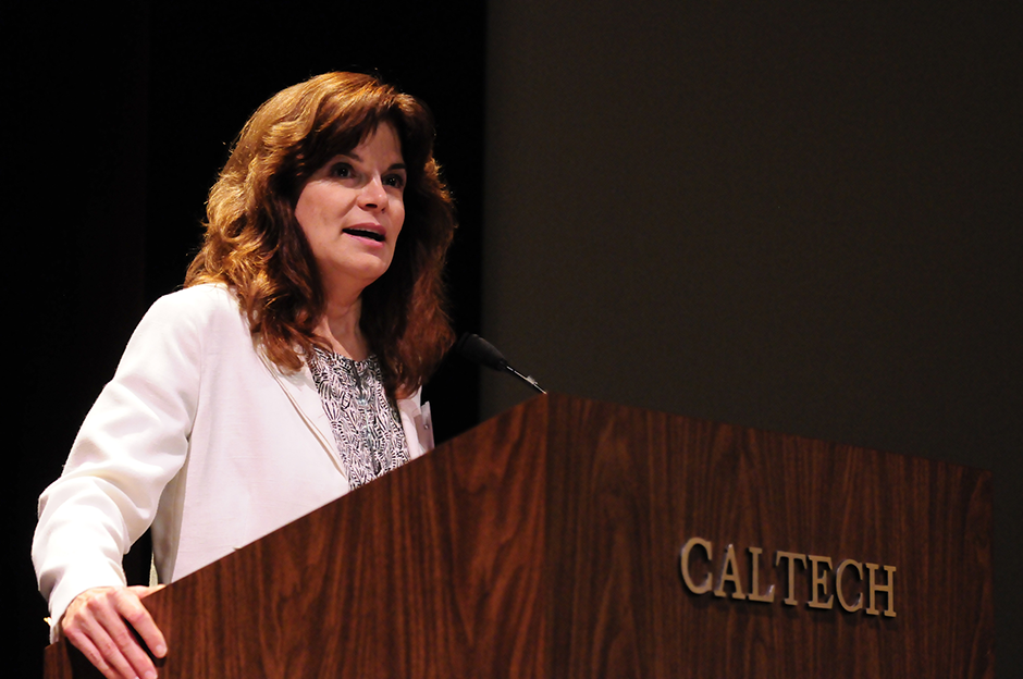Carolyn Porco at Caltech accepting her award during the Distinguished Alumni Award ceremony, 2011
