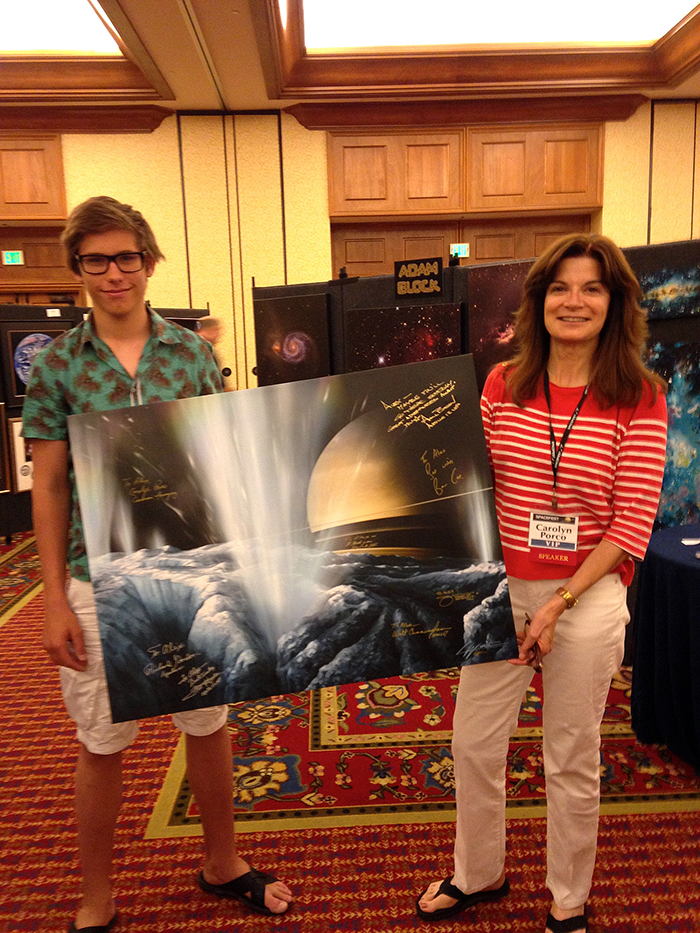 Carolyn Porco with Alex Tugashev and Lucy West's Enceladus painting, Spacefest, 2013
