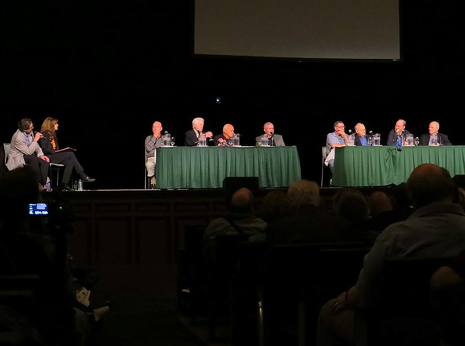 Andrew Chaikin and Carolyn Porco moderate the Spacefest Apollo astronauts panel, 2014.
